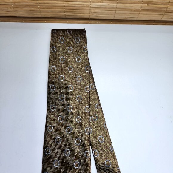 Ermenegildo Zegna Mens Neck Tie Silk Italy Gold/Brown Chevron Stripes Circles - Picture 2 of 6